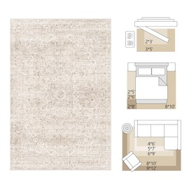 FMFUNCTEX 8x10 Washable Area Rug Neutral Beige Vintage Distressed Oriental Non Slip Low Pile Floral Rug for Living Room Bedroom Cream Traditional Soft Thin Retro Indoor Carpet for Dining Room Office