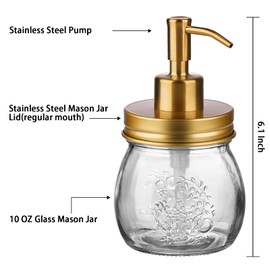 Amolliar 10 OZ Mason Jar Liquid Soap Dispenser, Stainless Steel Pump Lid, Cute Farmhouse Decor for Kitchen, Bathroom, Refillable Hand Soap Dispenser, Lotion Soap Dispenser, Dish Soap, Golden 2 Pack