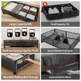 KITHELP Under Bed Storage with Wheels,2 Pack Under Bed Shoe Storage, Under the Bed Storage Drawers with Remove Window, Extra Large Rolling Under Bed Storage Metal Drawer for Clothes (Black-2 pack)