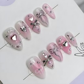 24Pcs Pink Press on Nails Medium Almond Fake Nails with 3D Heart Pearl Design Luxury False Nails Artificial Silver Bow Charms Glue on Nails Cute Acrylic Nails Glossy Rhinestones Stick on Nails Art