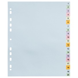 A4 Extra Wide 1-20 Numbered 20 Part File Subject Dividers (5 Pack) Assorted Pastel Colours