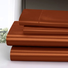 Homiest 4pcs Satin Sheets Set Luxury Silky Satin Bedding Set with Deep Pocket, 1 Fitted Sheet + 1 Flat Sheet + 2 Pillowcases (King Size, Burnt Orange)