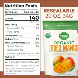 Wellsley Farms Organic Dried Mango - Vegan Friendly & Low Sodium Dried Fruit - No Added Sugar, Preservatives & Artificial Flavors - Perfect Dried Mango for Home, Office & Travel, 20oz Resealable Pack