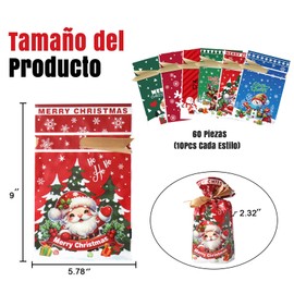 Paquete de 60 Bolsas para Dulces de Navidad,Bolsas de Regalo,Bolsitas para Dulces de Navidad,Bolsa de Navidad con 60 Bolsas de Navidad con Cordón para Fiesta de CumpleañOs,Navidad de Fiesta