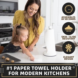 Heavy-Duty Stainless Steel Paper Towel Holder - Easy One-Handed Tear with Suction Cups - Modern Weighted Standing Countertop Dispenser for Kitchen - Holds All Paper Towel Rolls, White