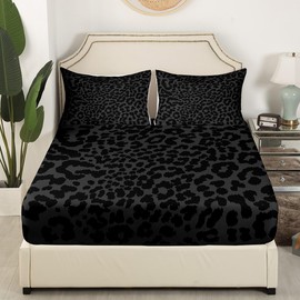 Manfei Leopard Print Sheet Queen Size,Abstract Cheetah Skin Texture Bedding Set,Kids Girls Beauty Woman Room Decor,Rustic Farmhouse Retro Black Noble Bed Sheet Set 4pcs(Fitted + Flat + 2 Pillowcases)