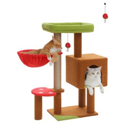 MUTTROS Mushroom Cat Tree with Sisal Scratching Posts, 35.4" Cute Cat Tower Cat Condo w/Large Green Top Perch, Soft Red Hammock, and Mushroom Dangling Ball, for Small-Medium Cats, Brown