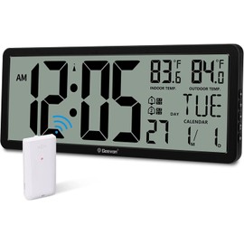 Geevon 14.3" Large Atomic Clock with Indoor Outdoor Temperature, Digital Wall Clock Battery Operated, Day and Date for Home Bedroom Office Elderly (1 Outdoor Sensor)
