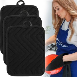 Pot Holders with Pocket, 3 Pcs Black Pot Holder Set, Cotton Heat Resistant Potholder, Durable Insulated, Square Oven Mitts for Kitchen and Baking and Baking 7''x9''