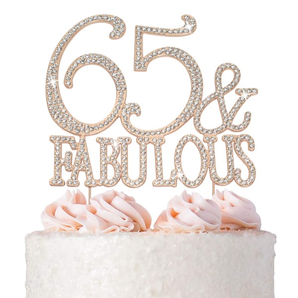 Decoración para tartas de 65 unidades, metal dorado rosa, 65 y fabuloso, decoración de diamantes de imitación brillantes para fiesta de cumpleaños 65 es una gran pieza central, ahora protegida en una caja