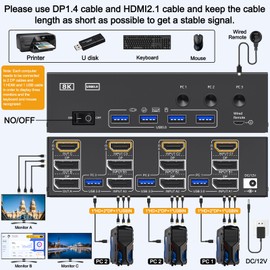 8K@60Hz HDMI Displayport KVM Switch 3 Monitors 3 Computers 4K@144Hz Triple Monitor KVM Switches with USB 3.0 Port,Wired Remote,Power Adapter and USB3.0 Cables(16.2 cm 3 PC 3 Monitor 8K KVM)
