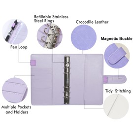 A6 6 Ring Budget Binder - Crocodile Pattern Leather Notebook Binder, Small Refillable Planner Cover with Magnetic Buckle, Purple