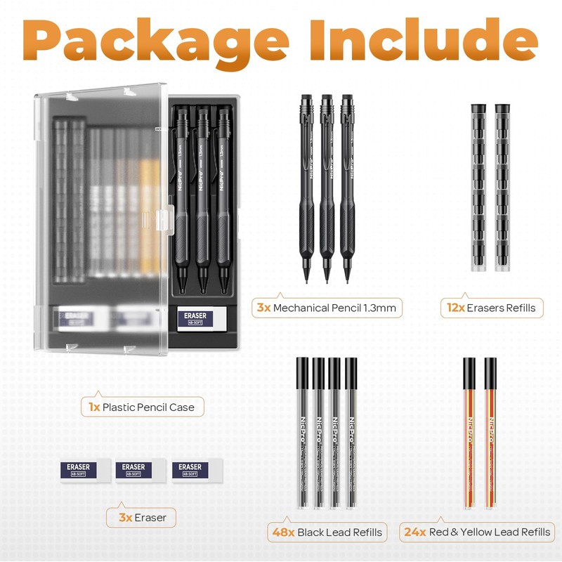 Nicpro 3 Pack Weatherproof Mechanical Pencil Set, 1.3mm Mechanical Pencils,