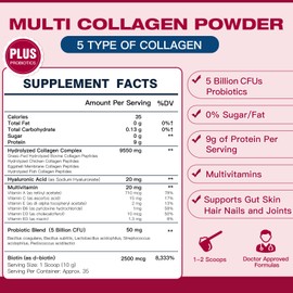 Multi Collagen Peptides Powder with Probiotics - Type I II III V X - Hydrolyzed Collagen Peptides with Multivitamins, Hyaluronic Acid & Biotin - Support Skin Hair Nail Joints & Gut, 35 Servings