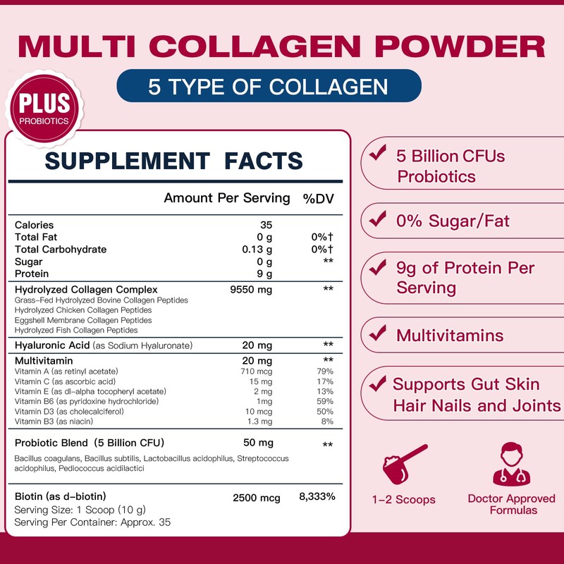Multi Collagen Peptides Powder with Probiotics - Type I II