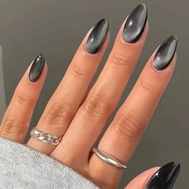 30 piezas de uñas postizas cortas almendradas con forma de ojo de gato gris y negro, uñas postizas minimalistas para pegar, ideales para el uso diario