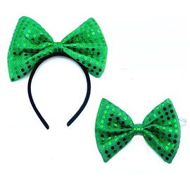ZCYYYS St. Patrick's Day Bow Headband with Sash for Women Adult Girls Green Shamrock Clover Bow Headbands TSFG11 (Green Bow Tie Set)