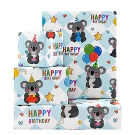 Koala Wrapping Paper Happy Birthday Wrapping Papers, Cute Koala Balloons and Gifts Printed on Blue White Checkered Background Gift Wrap Paper - 4 Sheets Folded Flat - for Birthday, Holiday, Wedding, Baby Shower Wrap