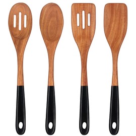 14 Inch Long Handle Wooden Spoons for Cooking Spatula Wood Utensils Set Slotted Spoon Kitchen Turner Wok Spatula Best Large Mixing Utensil Stirring Serving Spoons