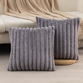 ZLINA Set of 2 Dark Grey Faux Fur Decorative Throw Pillow Covers Fluffy Striped Pillowcase Cushion Covers 26 x 26 Inch Decor Sofa Couch Bedroom