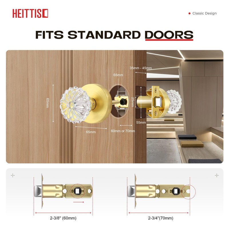 Heittis1 Pack Crystal Door Knobs Interior,Round Passage Glass Door Knob