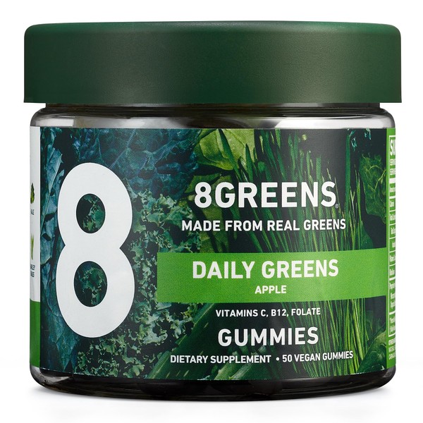 8Greens Daily Greens Gummies - Superfood Booster, Energy & Immune Support, Made with Real Greens, Greens Powder, Vitamin C, B12, Spirulina - Apple, 50 Count