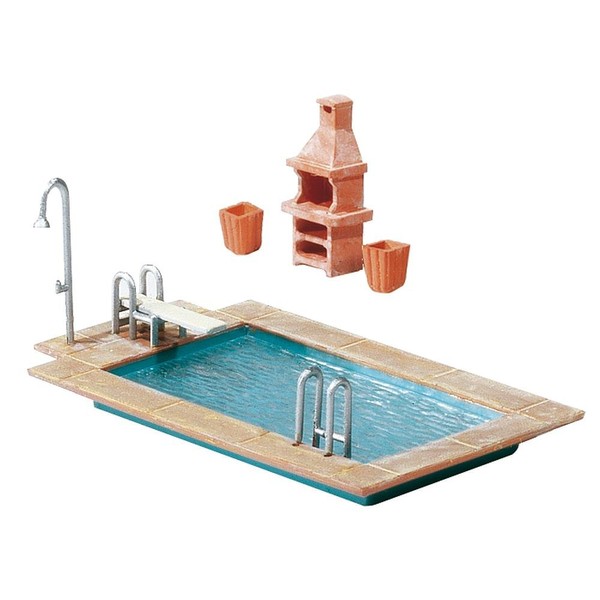 FALLER Swimming Pool and Garden Shed Model Kit with 57 Individual Parts 80 x 44 x 26 mm I Model Railway Accessories H0 I Model Railway H0 Garden Shed