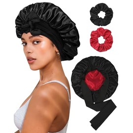 CHLINS CHLINS Reversible Satin Bonnet for Sleeping Women Double Layer Hair Bonnet with 2PCS Hair Scrunchies Elastic Tie Band Night Cap (Black+Red)
