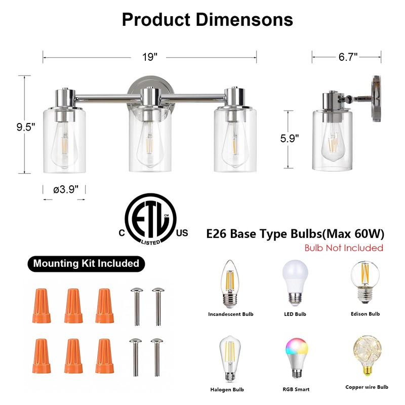 ALAISLYC 3 Light Bathroom Wall Light Fixtures Chrome Bathroom Wall