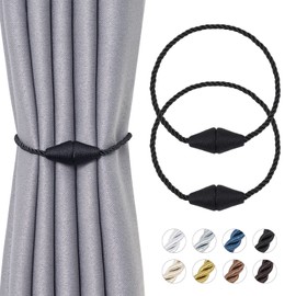 Pretty Jolly 2 Pack Upgrade Magnetic Curtain Tiebacks 16 Inch Handmade Weave Rope Curtain Holdbacks Convenient Decorative Cone Curtain Drape Tie Backs for Home & Office Window Drapery (New Black)