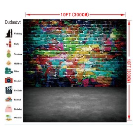Dudaacvt Graffiti Photography Backdrop, 10x10 ft Colorful Brick Wall Vintage Cement Floor Backdrop for Studio Props Photo Background
