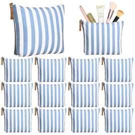 Hillban 12 Pcs Blue Striped Makeup Bags Bulk Canvas Cosmetic Bag Beach Themed Gifts Travel Toiletry Organizer Zipper Pouch Bags for Women Bridemaids Party Favors