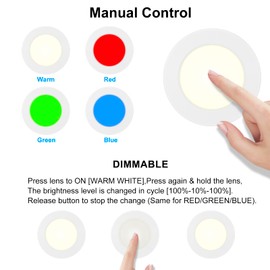 HONGUT LED Tap Light Push Light with RF Remote Control, 4 Color Changing Dimmable & Timer Puck Lights, Battery Operated Stick on Light for Kitchen, Closet, Bedroom, Classroom (6pk)