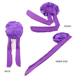 WUBAYI 2PCS Satin Bonnet, Silk Bonnet Hair Wrap for Sleeping, Hair Bonnet for Bath, Tie Band for Women Long Curly Braid Hair (Black, Purple)