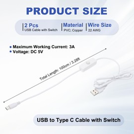 MECCANIXITY USB Cable with ON/Off Switch, 2pcs USB Male to Type-C Male Extension Cord 1M White, for LED Desk Lamp