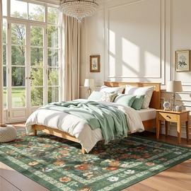 Deerly Green Boho Floral Rug 6x9 Vintage Boho Washable Non-Slip Living Room Carpet Soft Low Pile Thin Bedroom Floor Mat Indoor for Dining Room Playroom Nursery Farmhouse, Green/Multi