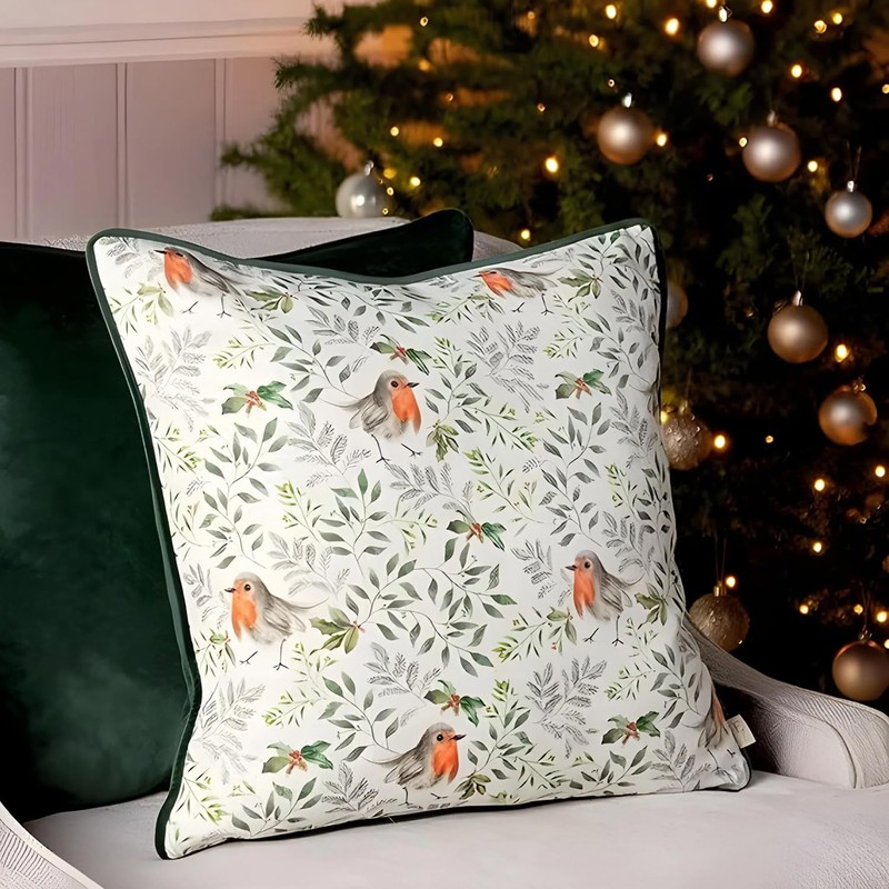 Evans Lichfield Festive Robin Cushion Cover, Bottle Green, 43 x
