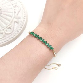 Tobestu Green Rectangle Cubic Zirconia Bracelet for Her - Gold Plated Slider Bolo Tennis Bracelets for Daily Wear Birthday or Christmas Y4254