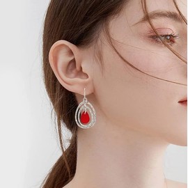 Aenu Big Colorful Shell Beads Earrings for Women Dangling Double Teardrop Beaded Geometric Fashion Jewelry Drop Earrings for Gifts (Red Teardrop)