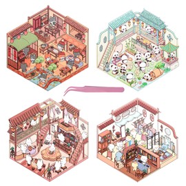 4 Sets Vintage 3D Sticker Scene 3D House Stickers with Tweezers Vintage Stickers 3D Miniature Scene Stickers Make Your Own House DIY Stickers