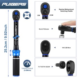 PUIBERS 1/4 Inch Pound Torque Wrench, Bike Torque Wrench 1/4 3-25 NM/22.6-221.3 IN.LB，Dual-Direction Adjustable 72 Tooth Drive Small Newton Meter Wrenches for Bike, Motorcycle and Car Repair