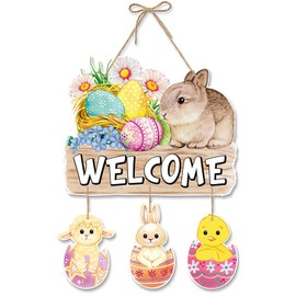 Easter Door Decorations,Easter Wreath for Front Door, Paper Jam Easter Bunny Egg Chick Decor Door Sign Wreath 15x11 Inch, Cute Welcome Door Sign Easter Decorations, Easter Welcome Door Sign