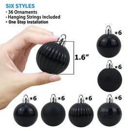 Christmas Ornaments, 36 Pieces, Ball Set, Diameter 1.6 inches (4 cm), Scandinavian Style, Glitter, Shatterproof, 6 Types of Surface Treatments, Hook Included, DIY, Christmas Tree, Decoration, Room, Coffee Shop, New Year, Home Atmosphere, Decoration (Blac