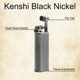 Kenshi Japanese Pipe Lighter - Refillable, Angled & Adjustable Soft-Flame, Travel Friendly, Flip Top (Black Nickel)