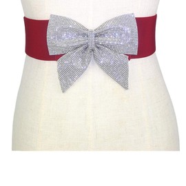 Big Rhinestone Bow Elastic Peplum Waistband Wide Wedding Dress Belts for Women, Red, Waist: 23.5"-37"
