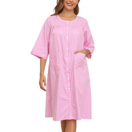 YOZLY Nightgowns for Women Cotton Snap Front Housecoat 3/4 Sleeve Housecoat with Pockets, Stripe Pink, 3X-Large