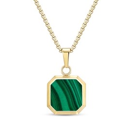 TUNGSTORY 14K Gold Plated Necklace Malachite Necklace for Men Women Stainless Steel Square/Rectangle Pendant Necklaces Jewelry Gift