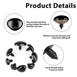 KALIONE 100 Pcs Large Safety Noses for Stuffed Animals, 15mm 18mm 22mm 24mm 30mm, Doll Noses with Washers Plastic Safety Noses for Crochet Animals Craft Puppet Plush Bear Accessories(Black)