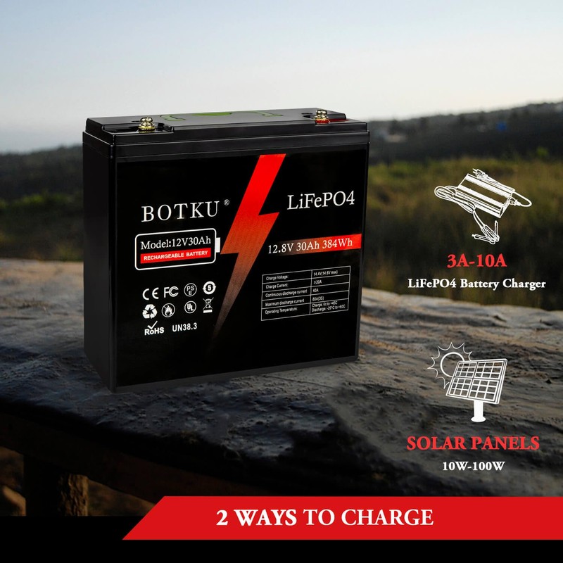 BOTKU 12V 30Ah Lithium LiFePO4 Deep Cycle Battery, 3000+ Cycle