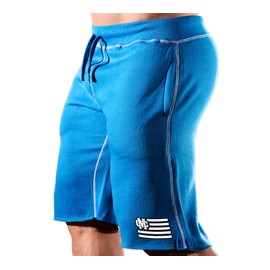 Monsta Clothing Co. Pantalones cortos de entrenamiento para culturismo (MC-CrestFlag) para hombre, Pantalón corto azul con arte blanco/negro, XX-Large